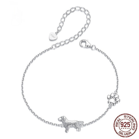 Bonita pulsera de golden retriever con adorno de huella de pata en plata de ley S925 bañada en oro blanco