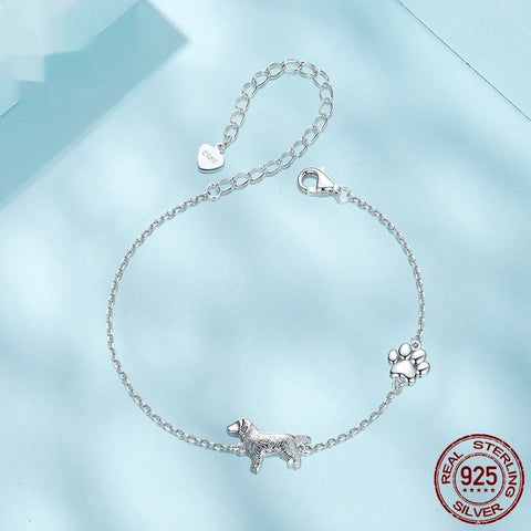 Bonita pulsera de golden retriever con adorno de huella de pata en plata de ley S925 bañada en oro blanco
